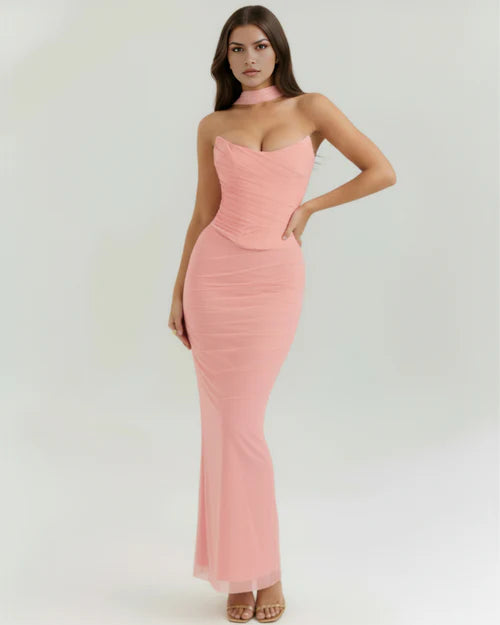 Malu Pink Mesh Two-Piece Set with Maxi Skirt & Neck Scarf