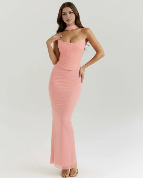 Malu Pink Mesh Two-Piece Set with Maxi Skirt & Neck Scarf
