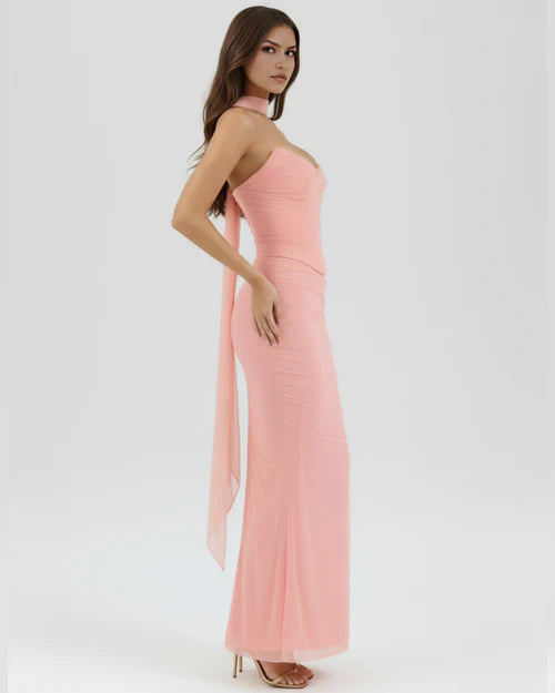 Malu Pink Mesh Two-Piece Set with Maxi Skirt & Neck Scarf