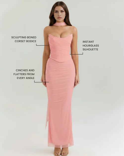 Malu Pink Mesh Two-Piece Set with Maxi Skirt & Neck Scarf