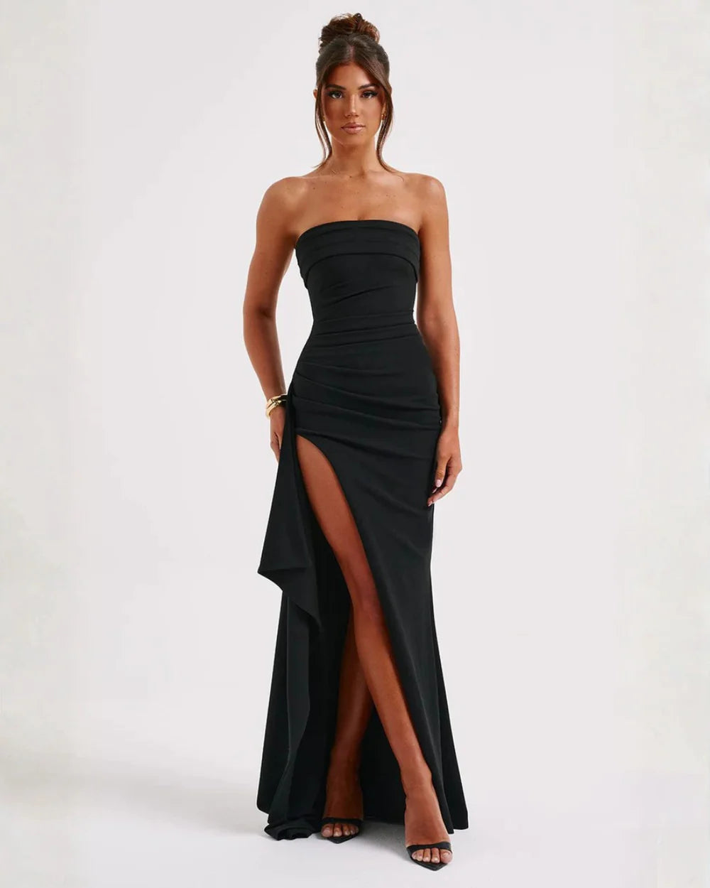 Meadow | Strapless Ruched Crepe Thigh-High Split Maxi Dress