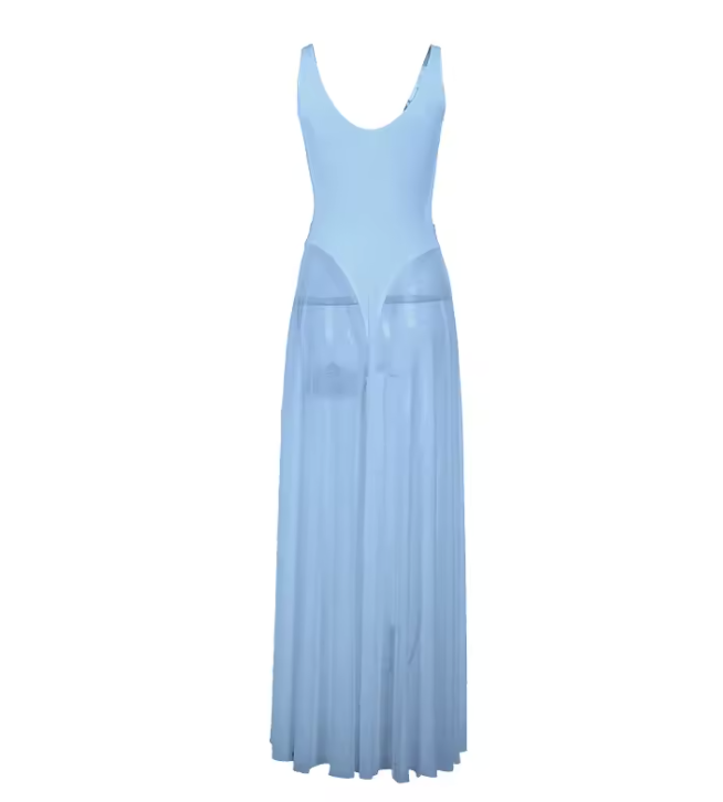 Women's Sheer Mesh Maxi Dress with Bodysuit – Backless Summer Dress