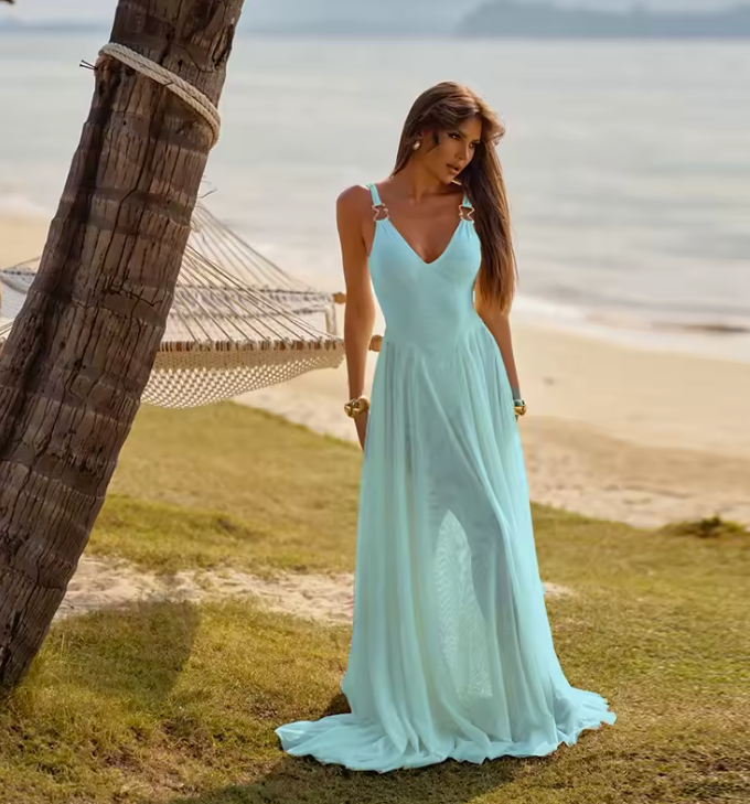 Women's Sheer Mesh Maxi Dress with Bodysuit – Backless Summer Dress