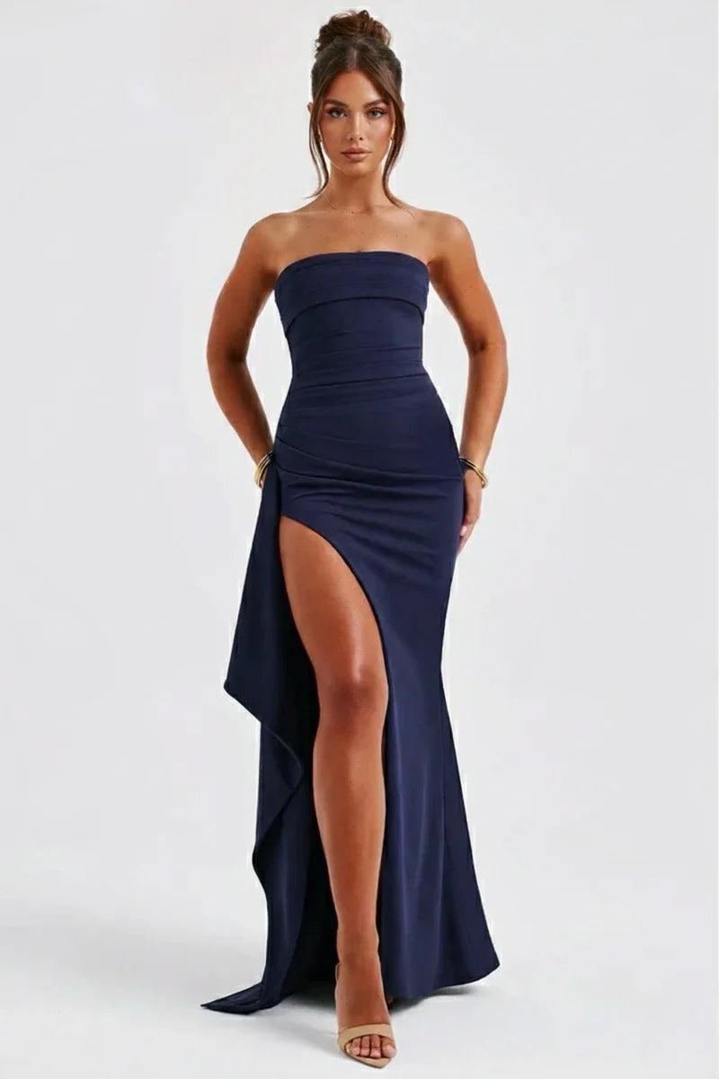 Meadow | Strapless Ruched Crepe Thigh-High Split Maxi Dress