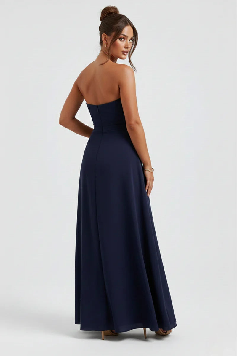 Meadow | Strapless Ruched Crepe Thigh-High Split Maxi Dress