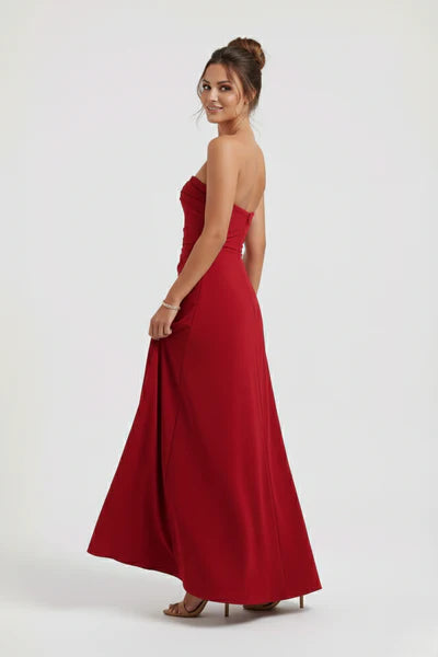 Meadow | Strapless Ruched Crepe Thigh-High Split Maxi Dress