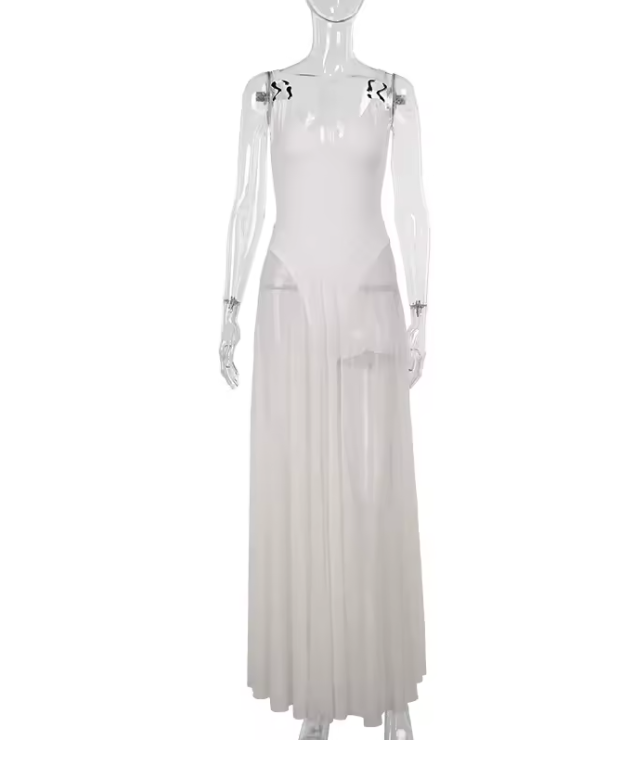Women's Sheer Mesh Maxi Dress with Bodysuit – Backless Summer Dress