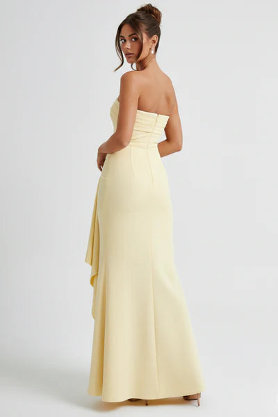 Meadow | Strapless Ruched Crepe Thigh-High Split Maxi Dress