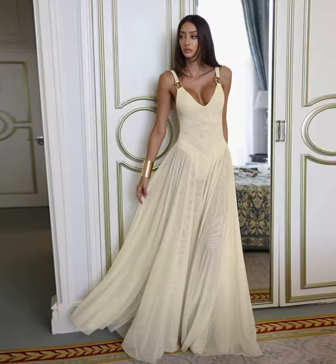 Women's Sheer Mesh Maxi Dress with Bodysuit – Backless Summer Dress