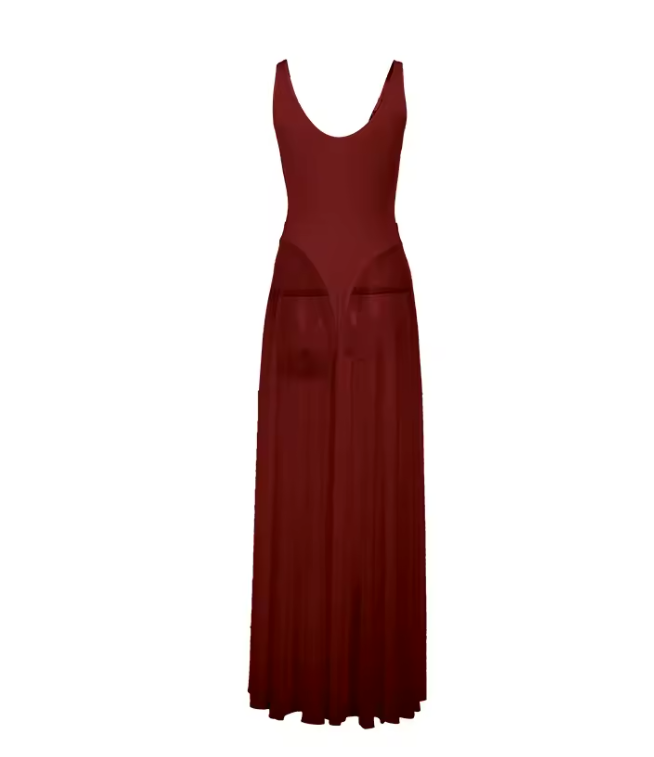 Women's Sheer Mesh Maxi Dress with Bodysuit – Backless Summer Dress