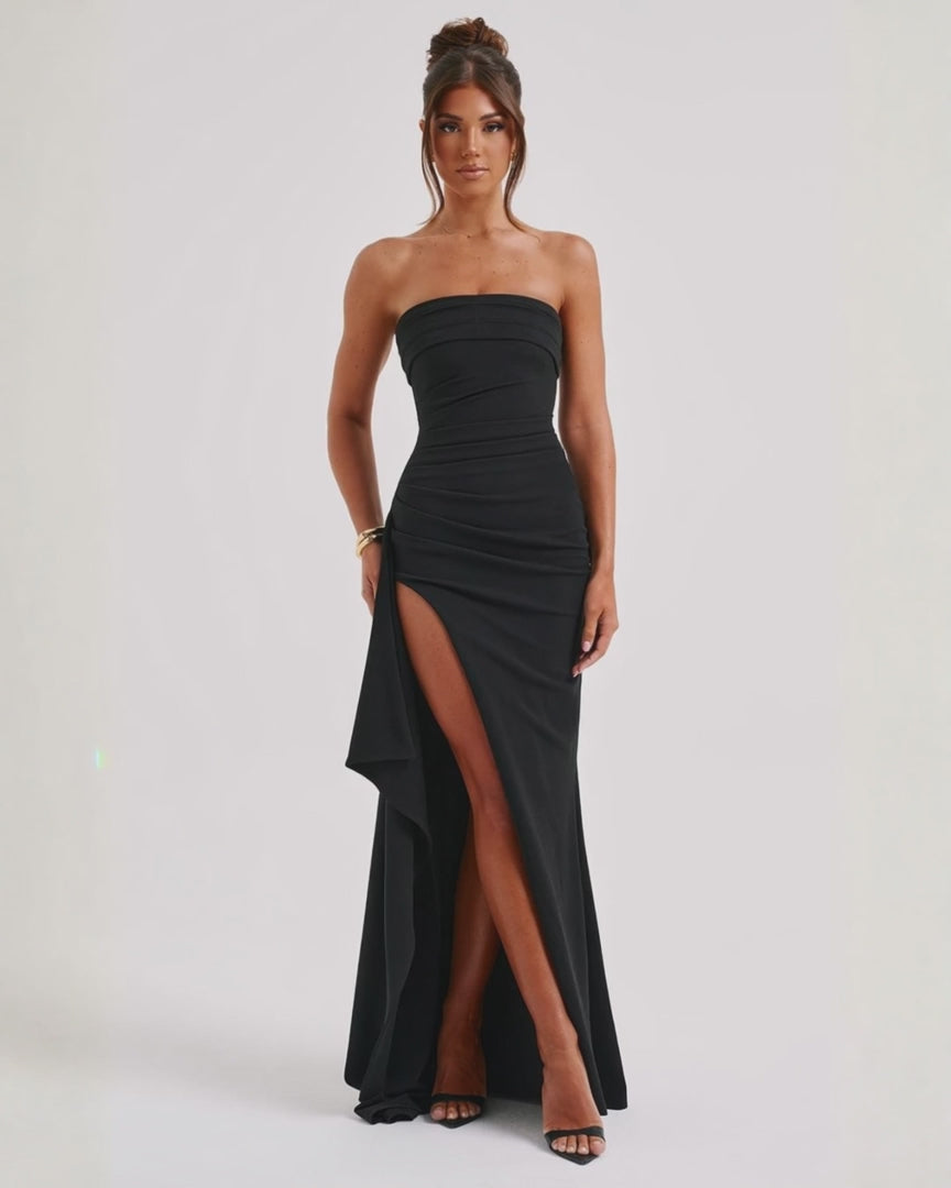 Load video: Meadow | Strapless Ruched Crepe Thigh-High Split Maxi Dress